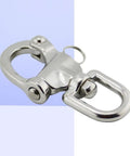Heavy Hitter 316 Stainless Steel Swivel Snap Shackle With Large Bail And Quick Release Eye Hook For Marine Rigging Boat Yard And Outdoor Job Sites on blue background.