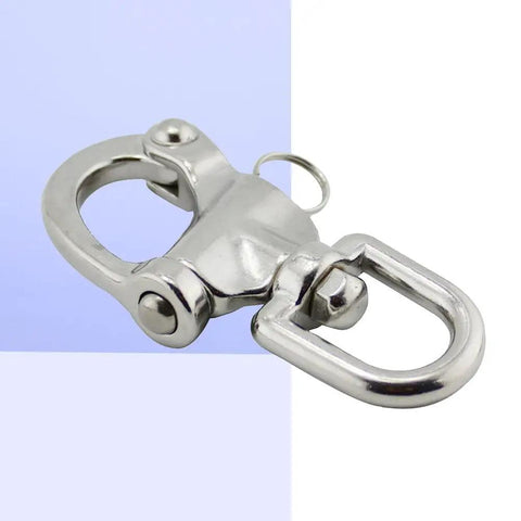 Heavy Hitter 316 Stainless Steel Swivel Snap Shackle With Large Bail And Quick Release Eye Hook For Marine Rigging Boat Yard And Outdoor Job Sites on blue background.