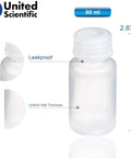 Go To Lab Sample Bottles With Lids Polypropylene 60ml 12 Pack Durable Lab Grade Bottles shown with leak proof screw cap