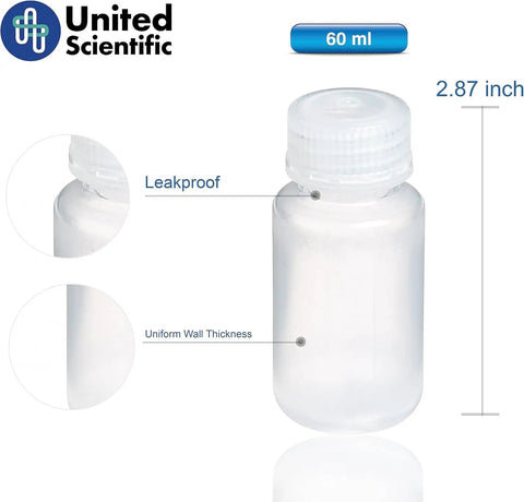 Go To Lab Sample Bottles With Lids Polypropylene 60ml 12 Pack Durable Lab Grade Bottles shown with leak proof screw cap