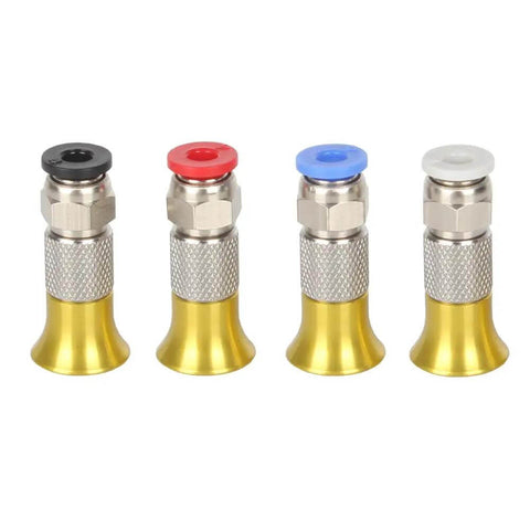 Four pneumatic straight connectors for 3D printer filament dryer box accessories PC4 M6 for 1.75mm filament, gold and silver body with colored tops.