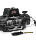 XRC Gen 3 9500 LB Off Road Winch With Synthetic Rope 7 HP Motor Delivers Faster Line Speed Lower Amp Draw With Remote Built In Flashlight For Easy Recovery On Dark Trails on black winch with remote