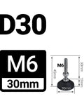 Built Like A Brick Heavy Duty Adjustable Leveling Feet With Swivel Base And Threaded Mounts For 30Mm Diameter Equipment Setup Fits M5 And M6 Sizes Smooth Operation Guaranteed showing dimensions and M6 label.