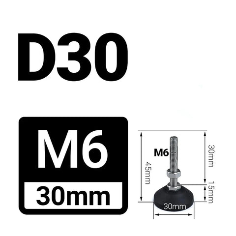 Built Like A Brick Heavy Duty Adjustable Leveling Feet With Swivel Base And Threaded Mounts For 30Mm Diameter Equipment Setup Fits M5 And M6 Sizes Smooth Operation Guaranteed showing dimensions and M6 label.
