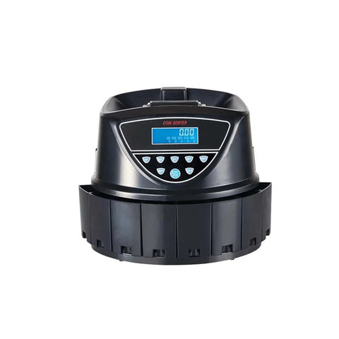 Smooth Operator Money Counter Machine And Automatic Coin Sorter With Cash Wrapper showing compact design and digital display.