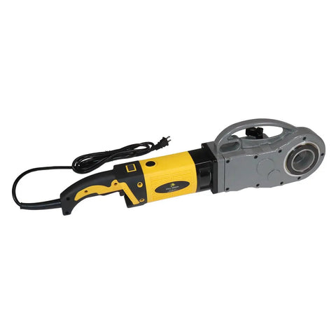 Handheld Power Pipe Threader Knocks Out 1/2 To 2 Inch Npt Runs Smoothly with yellow and black ergonomic handle.