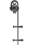 Side view of 11 Ft Sliding Barn Door Hardware Kit for Heavy Duty Double Door Track System, showcasing wheel and bracket.