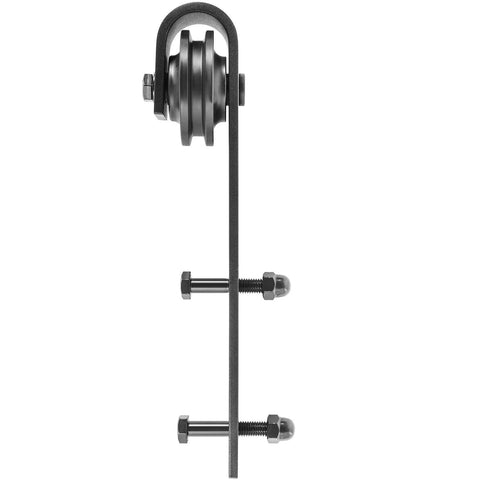Side view of 11 Ft Sliding Barn Door Hardware Kit for Heavy Duty Double Door Track System, showcasing wheel and bracket.