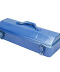 Heavy Duty All Steel Iron Toolbox Featuring A Bulletproof Self Locking Buckle And Smooth Retractable Telescopic Handle Built For Tough Job Sites And Garage Projects in blue color with handle and buckles.