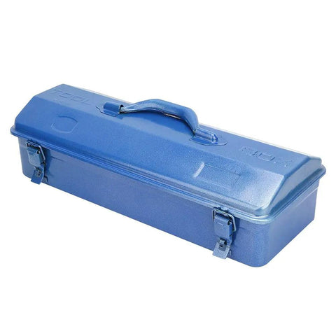 Heavy Duty All Steel Iron Toolbox Featuring A Bulletproof Self Locking Buckle And Smooth Retractable Telescopic Handle Built For Tough Job Sites And Garage Projects in blue color with handle and buckles.