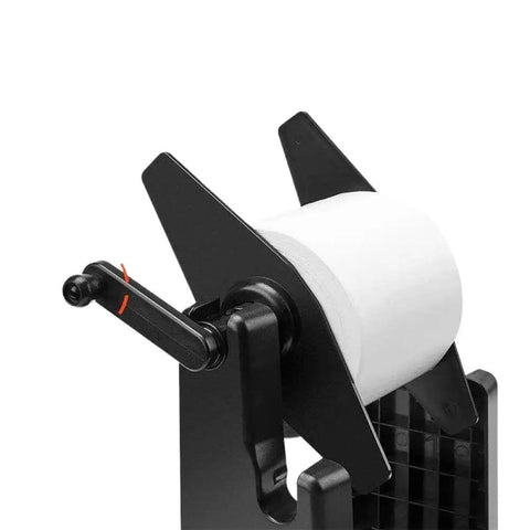 Heavy Duty 2 In 1 External Label Roll Holder Stand For Desktop Thermal Printers with a white paper roll in black frame.