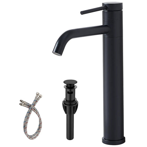 Go-To Matte Black Vessel Sink Faucet Tall And Sleek For 1 Hole Mount 360 Degree Swivel Single Handle Mixer Spout Stainless Steel Bathroom Faucet With Pop Up Drain shown with hoses and drain
