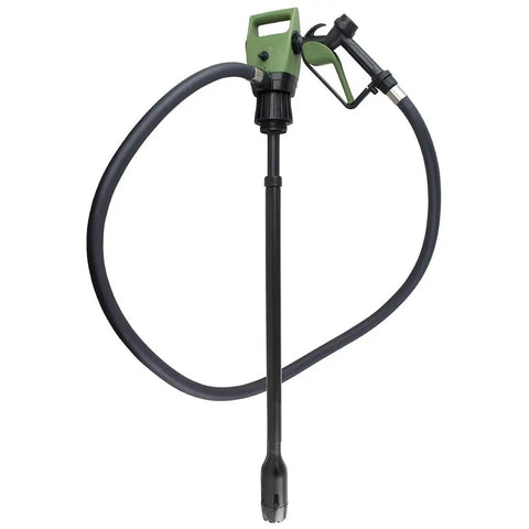 Electric Drum Pump With Quick Slide Telescopic Tube For Smooth DEF And Cleaner Transfer No Sweat Operation Easy Twist Grip Built Tough For Long Days On The Job Site Right Now with black and green design.