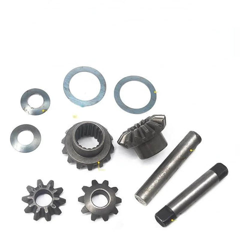 Parts of Electric Tricycle Differential Gear Assembly And Gearbox Kit with planetary bevel gear and shafts on white background.