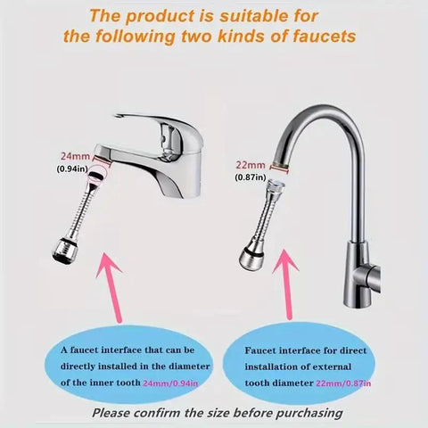 No Sweat Three Sixty Degree Swivel Kitchen Faucet Aerators With Flexible Hose And Splash Proof Spray Nozzle Quick Fix Water Extender Head fitting on 24mm and 22mm faucets.