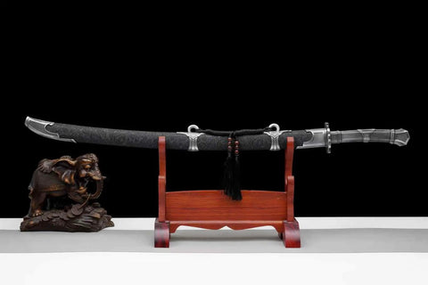 Hand Forged Qing Dynasty Dao Sword With High Manganese Steel Blade And Alloy Fittings Wood Scabbard Wrapped In Faux Leather on stand