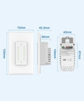 Smart Dual Dimmer Switch With Sunrise Sunset Feature, dimensions shown, front and side view showcasing space-saving design