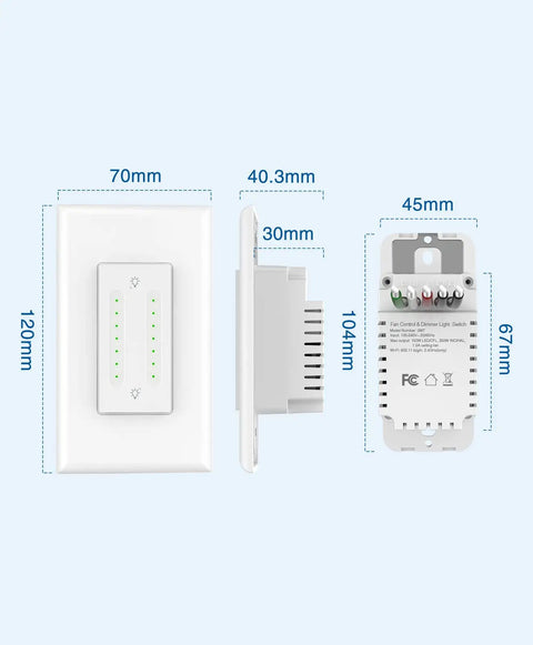 Smart Dual Dimmer Switch With Sunrise Sunset Feature, dimensions shown, front and side view showcasing space-saving design