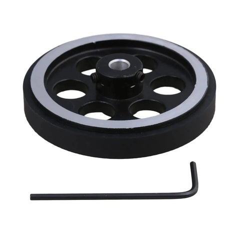 EFYOK A20F-200X6mm Industrial Aluminum Rubber Measuring Rotary Encoder Meter Wheel with wrench, black and silver design.