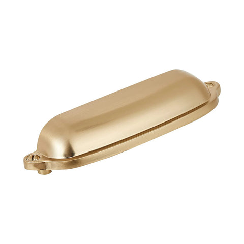 Side view of 10 Pack Bin Cup Pulls Vintage Shell Handle Cabinet Hardware in Champagne Gold Finish, zinc alloy, 3.78 inch hole centers.