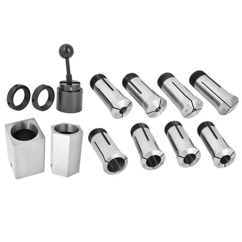 5C Collet Block Set For Milling Machines And Lathes, Tool Steel 5C Square Hex Chuck Block With Eight Collets on white background