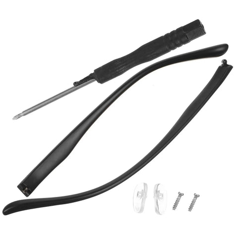 Replacement Eyeglass Arms Durable Temple Legs For Quick Eyewear Repair Kit Easy To Install Comfortable Fit And Stylish Design For A Fast Glasses Fix At Home shown with black temple legs, small screws, and a screwdriver.