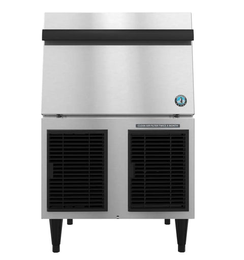 Badass Commercial Cubelet Ice Machine Featuring Efficient Air Cooled Design And Generous Built In Storage Bin Cranks Out 300 Pounds Daily Of Smooth Nugget Ice For Busy Restaurants, front view, stainless steel finish.