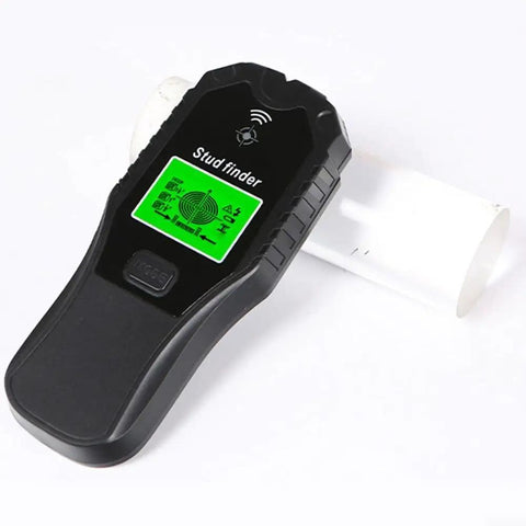 5-in-1 for stud Finder Wall Scanner for Wood Metal AC Wire Detection with Edge Finding Mode Deep Scan up to 1.5 Inch on a black device with a green display.