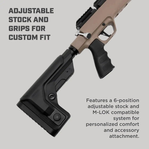 PCP Air Rifle.25 Caliber Bolt Action With 1000 FPS, adjustable stock and grips, M Lok rail, tan finish for custom fit.
