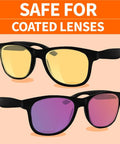 Front view of two black plastic sunglasses with yellow and purple mirrored lenses on a peach background.