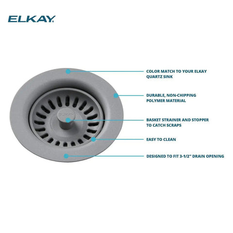 Polymer Drain Fitting With Removable Basket Strainer And Rubber Stopper In Black, designed to fit 3-1/2 inch opening