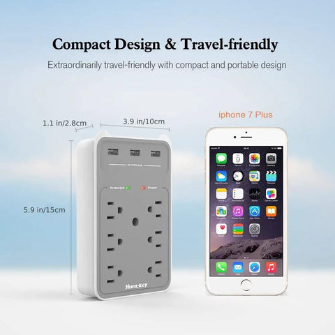 Nine In One Power Strip Extender With Six AC Outlets Three USB Ports And Phone Cradle 1080 Joules Surge Protector next to iPhone