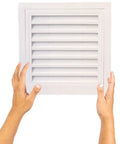 Top Shelf Heavy Duty Metal Louvered Vent Access Panel 28x28 Inch Attic Ceiling Inspection Cover held with hands, showing sleek design.