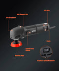 Mini Car Polisher Kit For Auto Detailing With 750W Buffer, Smooth, Low-Vibe Operation displayed with controls and grip features
