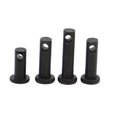 Four Beefy Black Carbon Steel Dowel Pins With Through Hole For Locking Pins Cotter Pin Hairpin Split Pin Flat Head Cylindrical Positioning Axis Pin 60Mm To 160Mm M36 GB882, shown in a row on a white background.