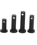 Four black carbon steel flat head dowel pins, part of 20 Pack M6 Black Carbon Steel Flat Head Dowel Pins With Through Hole For Positioning And Axis Alignment.