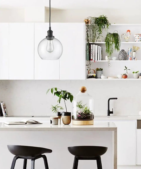 Farmhouse Black Globe Pendant Light With Hand Blown Seeded Glass And Easy Access Open Bottom 8 Inch Globe Adjustable Height Perfect For Kitchen Island Dining Room Bedroom And Hallway above a modern kitchen island