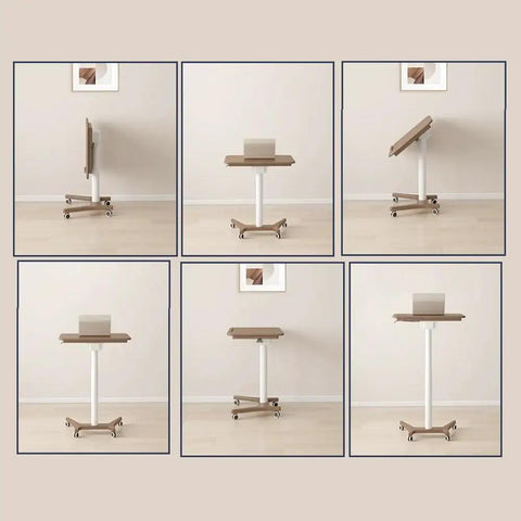 No Drama Roll Mobile Standing Desk Featuring Smooth Gas Lift Adjustments And A Tilt Tray Top Portable Laptop Desk in various angles.