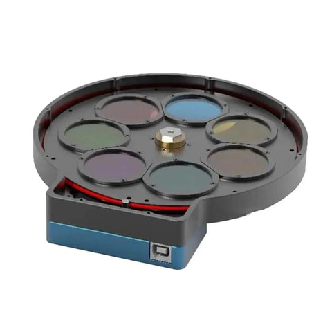 Close-up of Electric Filter Wheel For Deep Space Astronomy Telescope Imaging With Mono Camera, showing seven-filter disk option.