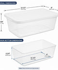 Clear Plastic Storage Bins 6 Quart With White Snap On Lids Stackable showing external and interior dimensions for organization.