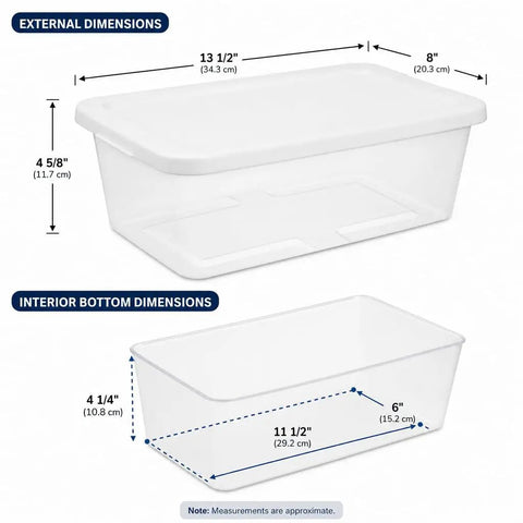 Clear Plastic Storage Bins 6 Quart With White Snap On Lids Stackable showing external and interior dimensions for organization.