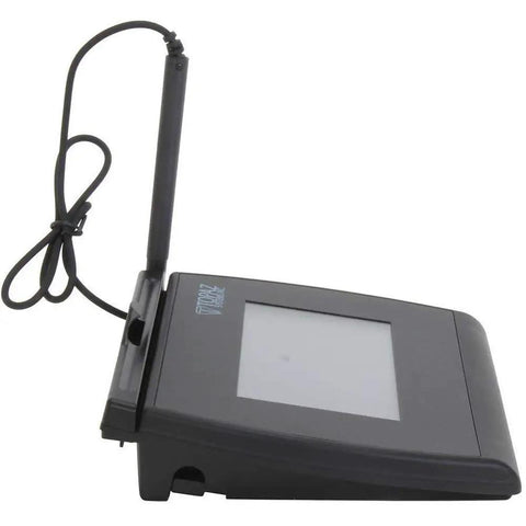 Top Shelf Renewed 4X3 LCD Signature Capture Pad featuring a crisp backlit screen and stylus, side view.