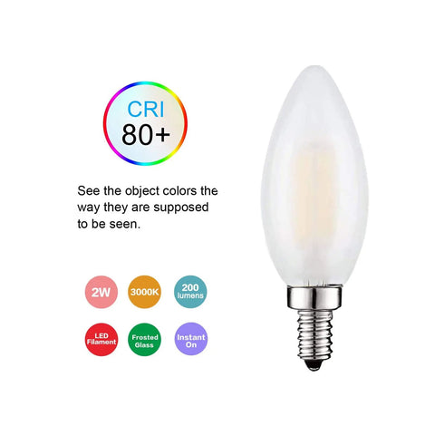 Soft White Frosted Candelabra LED Bulbs 3000K Dimmable 2W 25W Equivalent B11 Candle Shape