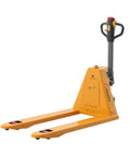 3300Lb Electric Pallet Jack With Li-ion Battery And Split Rocker Arm Forks Measure 48 By 27 Inches, yellow with ergonomic handle.
