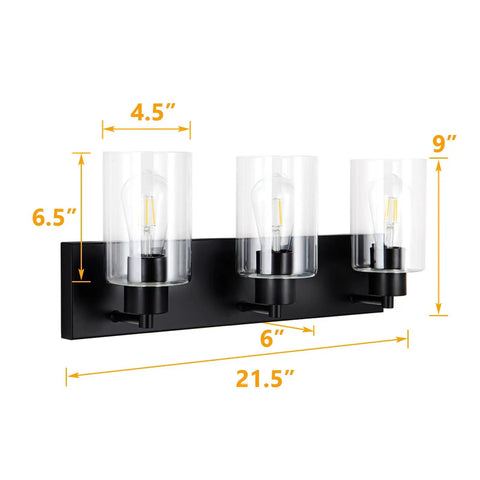 Three Light Matte Black Bathroom Vanity Light Fixture For Farmhouse Style Over Mirror With Clear Glass Shade E26 Base