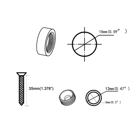 Top Shelf Solid Aluminum Decorative Screw Caps With A Slick Polished Gold Finish Straight Up Heavy Duty Mirror Fasteners Scratch Resistant Hardware For Any Project measures with detailed dimensions.
