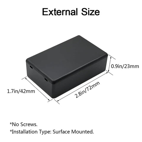 Hella Durable Abs Project Box 5 Pack Small Electrical Junction Enclosure For Pcb Projects And Hobby Builds No Hassle Snap Lid Dustproof Housing Quick Assembly 2.8 X 1.7 X 0.9 Inch Black with size dimensions shown.