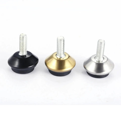 Premium Swivel Furniture Levelers Kick Your Wobbly Table Problems To The Curb Heavy Duty Adjustable Glide Legs in black, gold, and silver.