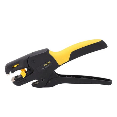 Automatic Wire Stripper With Rock Hard Abs Handle Strips Awg 7 To 26 Conductor Cable Smooth Quick Release Jaw view of pliers with yellow grip.