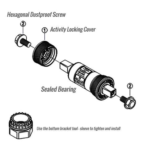 Exploded diagram of Durable Square Taper Bicycle Bottom Bracket 68mm Shell Fits 103 107 110.5 113 116 118 120 122.5 124.5 127.5mm With BB UN26 And Steel Bearings For Long Lasting Performance, showing components including sealed bearing and hexagonal dustproof screw.